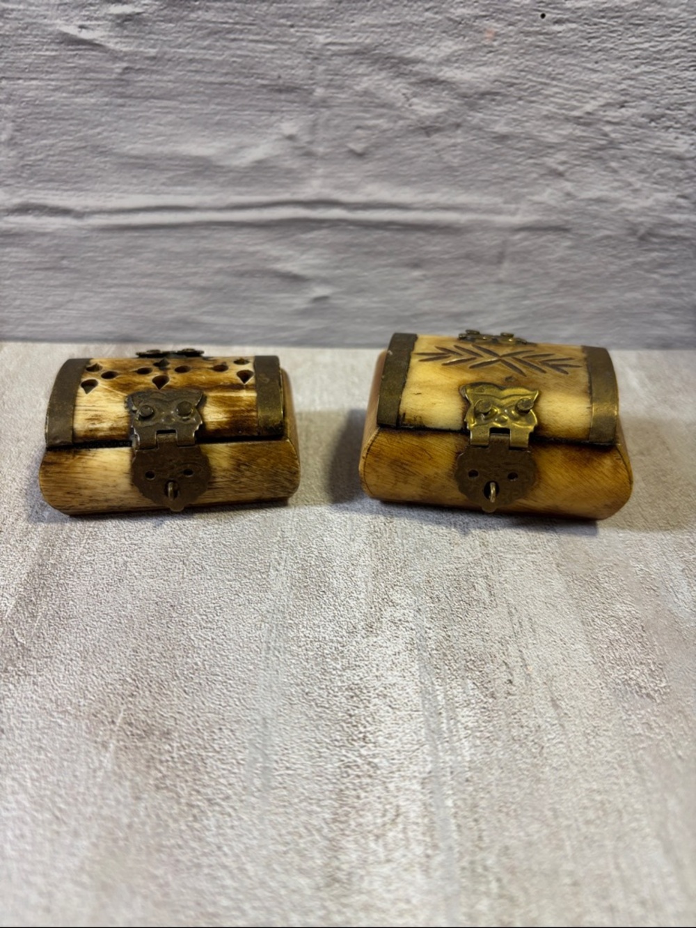 Vintage Collectible Two Camel Bone with Brass Fittings Trinket Boxes‎ 1960s #115
